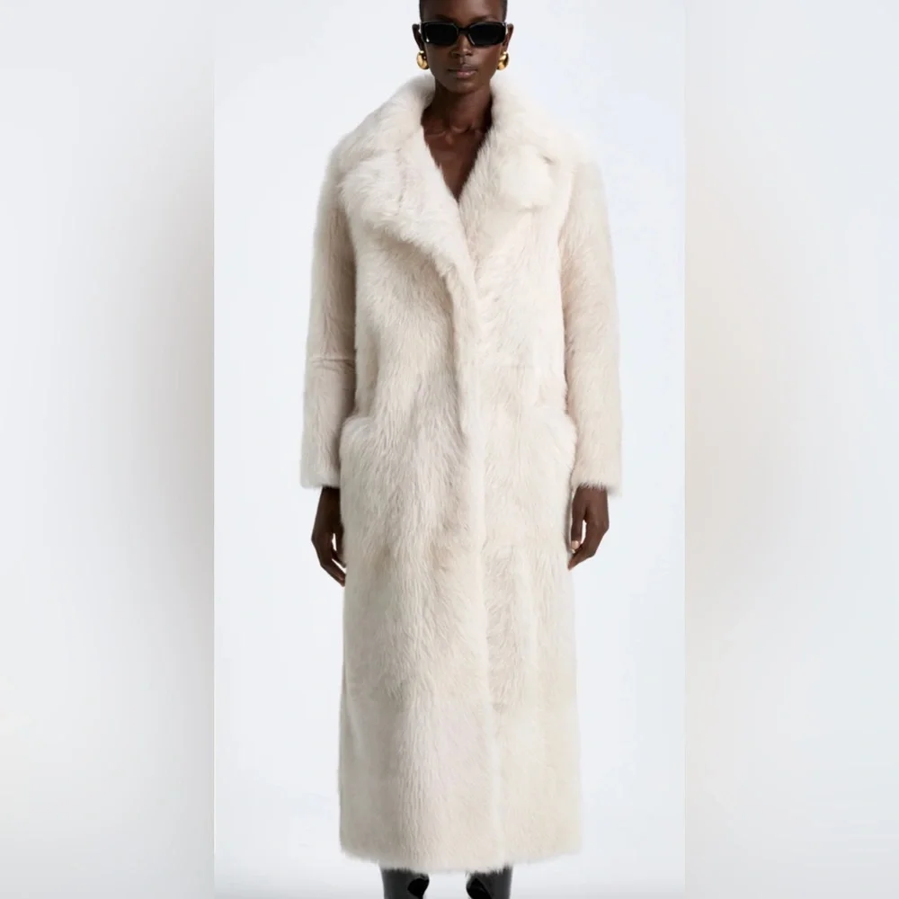 Nour Hammour Evita Long Luxurious Shearling Coat in Cloud - Picture 1 of 7